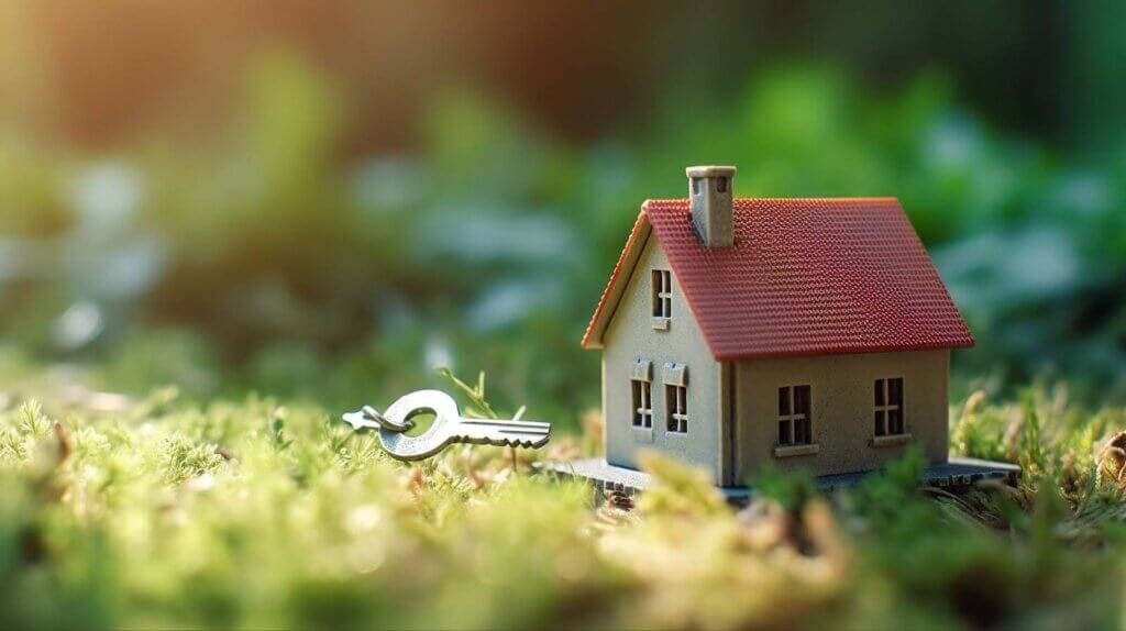 Small model home on green grass with sunlight
