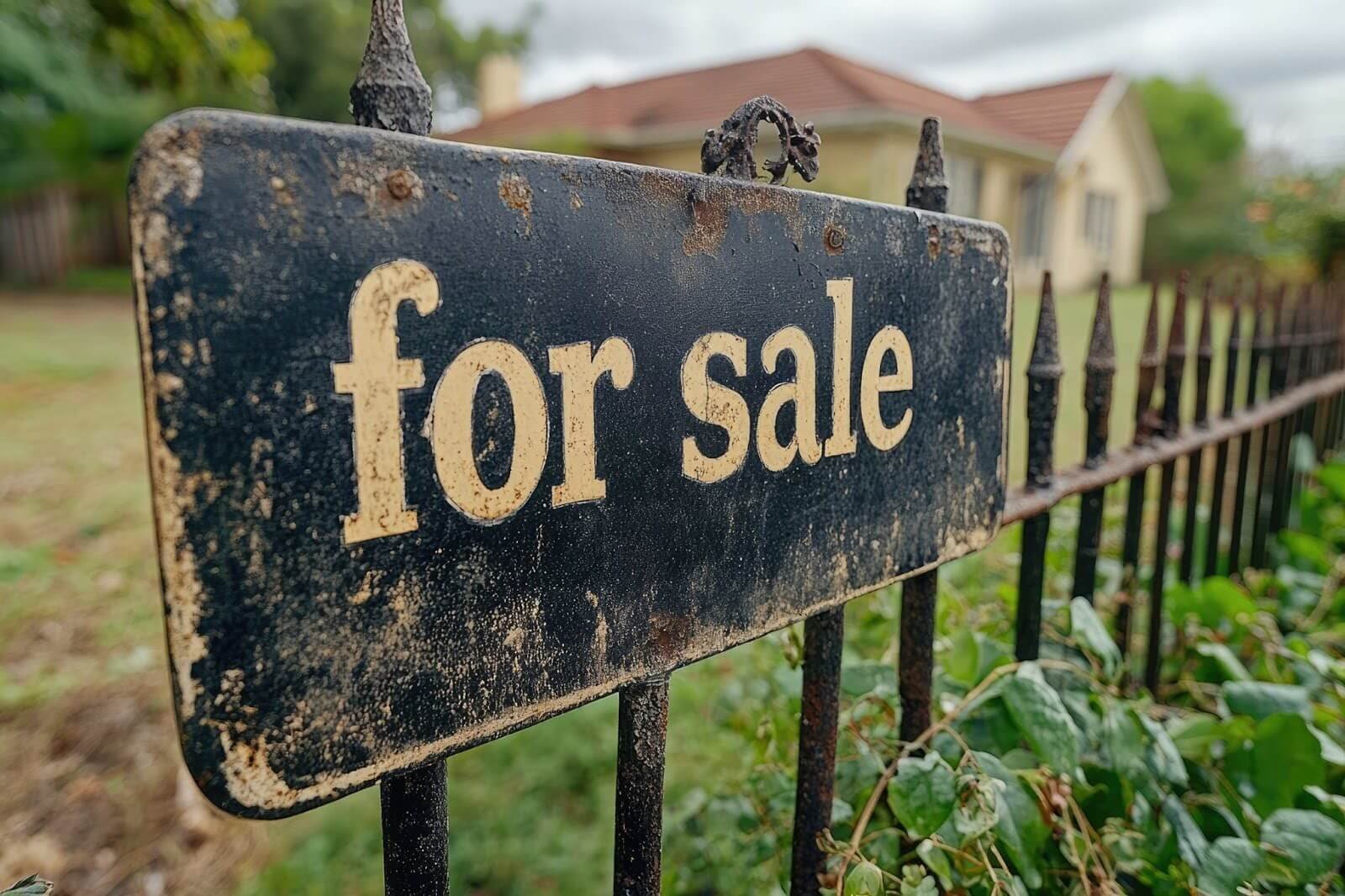 For sale sign hanging on a rusty fence